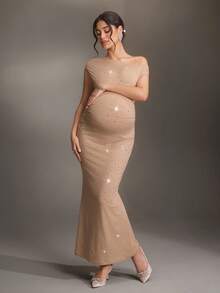 Cheriluna Maternity Maternity Solid Color Asymmetric Neckline Fitted Rhinestone Decor Photoshoot Dress - Apricot - View 1