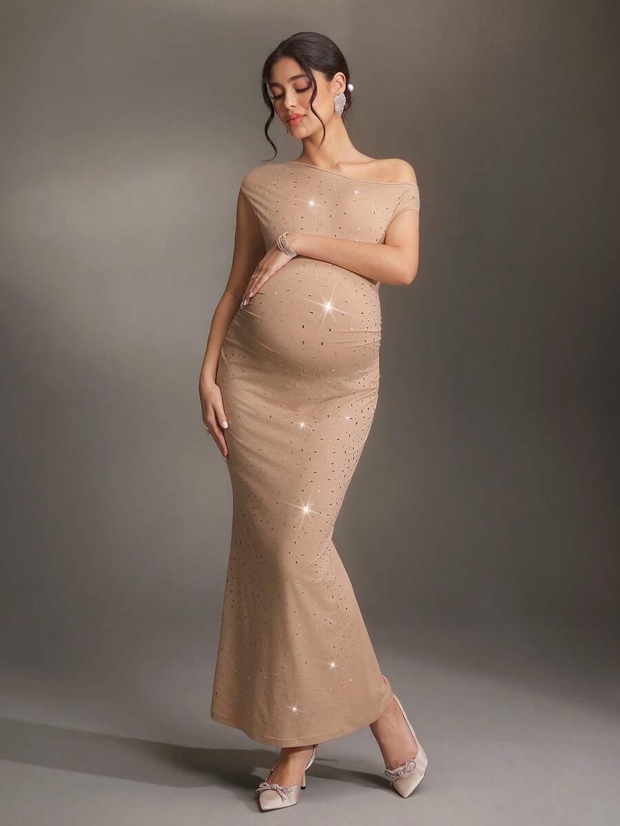 Cheriluna Maternity Maternity Solid Color Asymmetric Neckline Fitted Rhinestone Decor Photoshoot Dress - Apricot - View 1