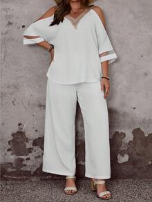 EMERY ROSE 大码女装早春休闲度假蕾丝拼接V领半袖露肩白色衬衫和裤子两件套，带口袋 - 白色 - 查看 6