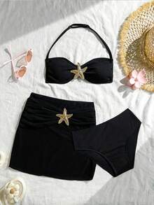 SHEIN 少女三件套泳衣，挂脖抹胸款式，防滑设计，黑色海星装饰。罗纹三角比基尼泳裤搭配可外穿的裙式罩衫。高弹亲肤，是夏季海滩度假和泳池派对的必备泳装。 - 黑色 - 查看 3
