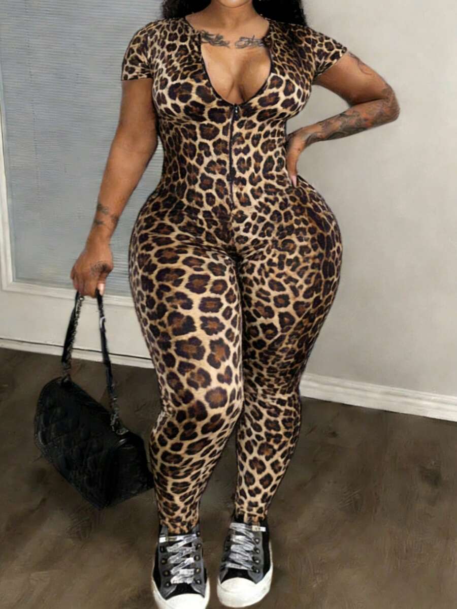 Slaydiva 女士大码休闲纯色修身拉链短袖连体裤