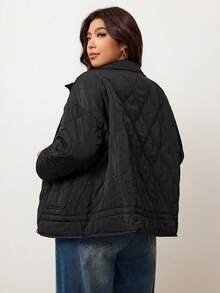 Enliva 秋冬大码休闲纯色抽绳下摆夹克 - 黑色 - 查看 2