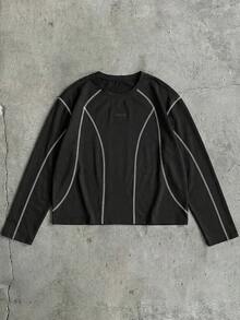 AXEPEAK Men's Contrast Stitching Casual Versatile Crew Neck Long Sleeve T-Shirt - Black - View 1