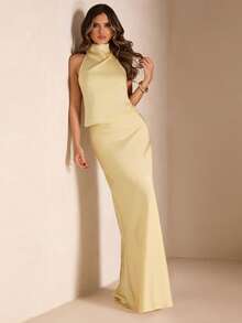 SHEIN BAE 女士黄色缎面露背吊带上衣和中低腰鱼尾裙，黄色两件套，优雅两件套 - 黃色 - 查看 2