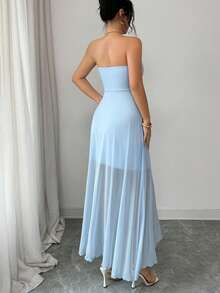 Modelyn 女士优雅刺绣网纱连衣裙，适合派对和聚会 - 藍色 - 查看 2