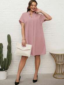 EMERY ROSE 大码夏季紫色短袖黑色连衣裙，V领设计，镂空细节 - 粉色 - 查看 4