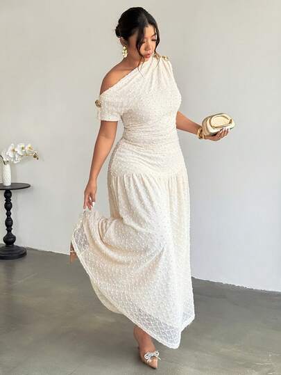 Firerie 大码女式休闲优雅度假沙滩弹力纹理斜领金属纽扣褶裥短袖T恤和收腰褶裥宽松A字裙两件套