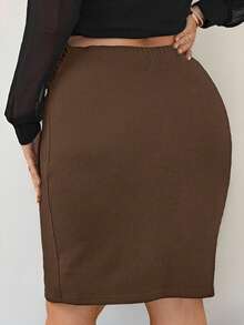 Firerie Plus Size Women Elegant Solid Color Pleated Bodycon Skirt - Khaki - View 2