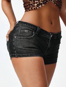 SHEIN EZwear Quần short denim nữ kiểu dáng thường ngày, có túi và cúc. - màu đen - Xem 6