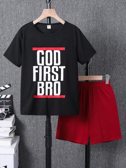 SHEIN 2pcs/Set Tween Boys Casual Simple Crew Neck Short Sleeve T-Shirt And Shorts Set, Suitable For Spring/Summer , Daily Wear, Sports, Outings, School, Parties, Festivals, Photoshoots Boy Casual Sets Boys Tshirt And Shorts Set Tween Boy Clothes Short Set Boys Outfit Sets