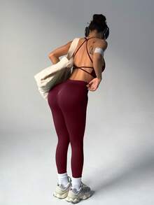 SHEIN Sports Women's Sports Set Backless Solid Color Fashion, Suitable For Summer Workout Women Sets - Burgundy - View 4