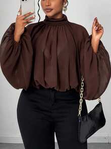 SHEIN CURVE+ Áo khoác ngoài dáng ngắn, cổ cao, tay phồng, xếp ly, chất liệu chiffon mỏng, dành cho nữ, cỡ lớn. - màu nâu - Xem 2