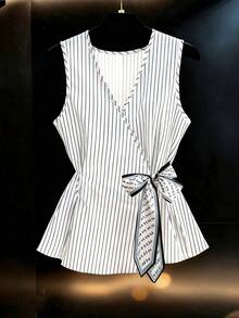 SHEIN Franclia Women's V-Neck Striped Casual Commuter Tie-Waist Sleeveless Blouse, Spring/Summer - White - View 1