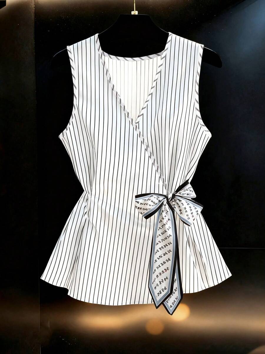 SHEIN Franclia Women's V-Neck Striped Casual Commuter Tie-Waist Sleeveless Blouse, Spring/Summer - White - View 1