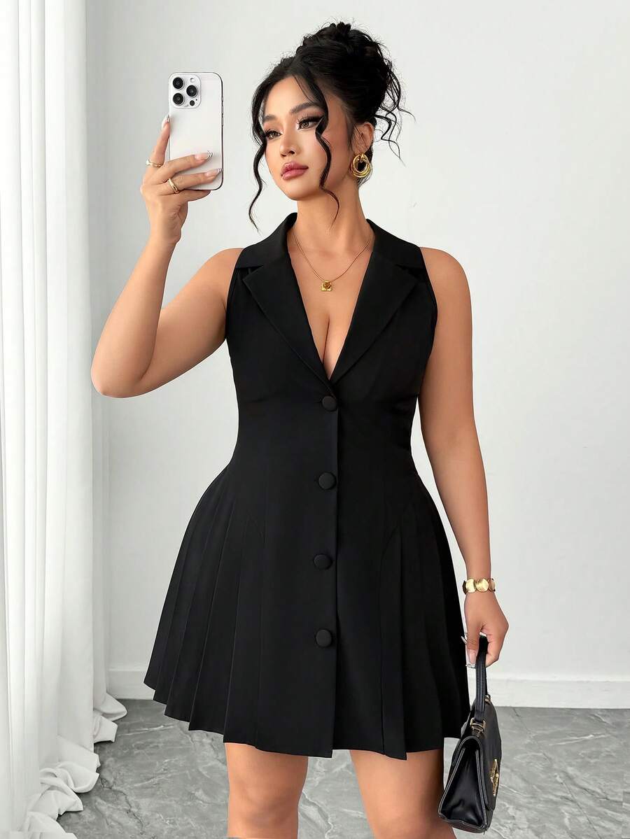 SHEIN PETITE CURVE Women's Fashionable Elegant Lapel Sleeveless Pleated Hem Dress - Black - View 1