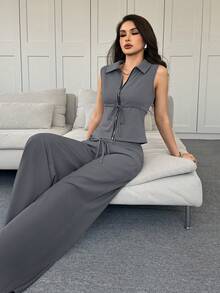 Modelyn 女士纯色拉链前开抽绳腰背心带口袋裤子休闲两件套无袖连体裤女士连体裤休闲连体裤女士一体式连体裤女士连体裤 - 灰色 - 查看 7