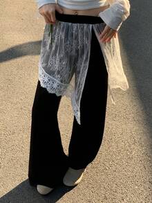 DAZY Women's Contrast Lace Elastic Waist Flare Pants, Casual Vacation Summer Trousers - Black - View 1