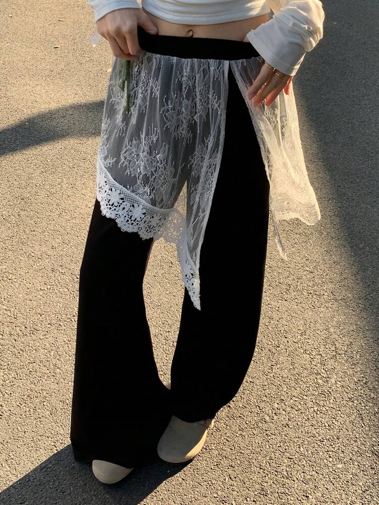 Women's Contrast Lace Elastic Waist Flare Pants, Casual Vacation Summer Trousers