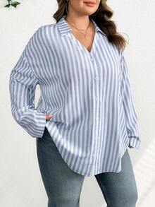 SHEIN CURVE+ Plus Size Women Striped Roll-Up Sleeve Single-Breasted Casual Loose Shirt/2026 /New Year Plus Size Shirts And Blouses - Blue - View 3