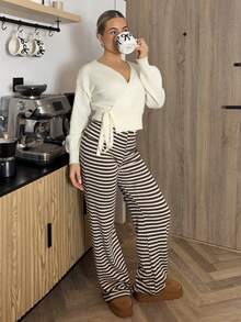 Bethéva 女士卷腰运动休闲裤条纹喇叭裤 - 咖啡棕 - 查看 1