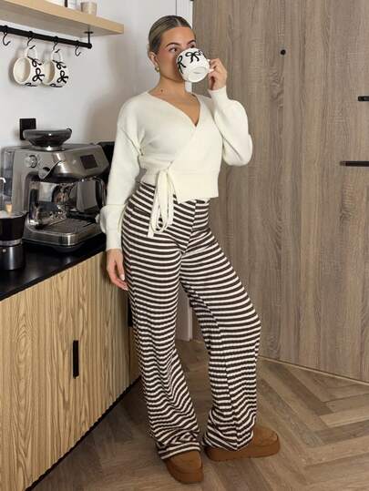 Bethéva 女士卷腰运动休闲裤条纹喇叭裤