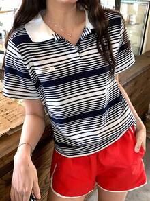 DAZY Women's Polo Collar Striped Short Sleeve T-Shirt, Loose Fit Top Summer - Black and White - View 3
