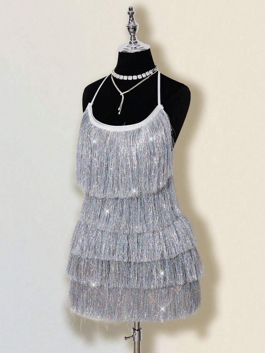 SHEIN ICON 女士多层亮片流苏优雅吊带迷你连衣裙 - 銀色 - 查看 1