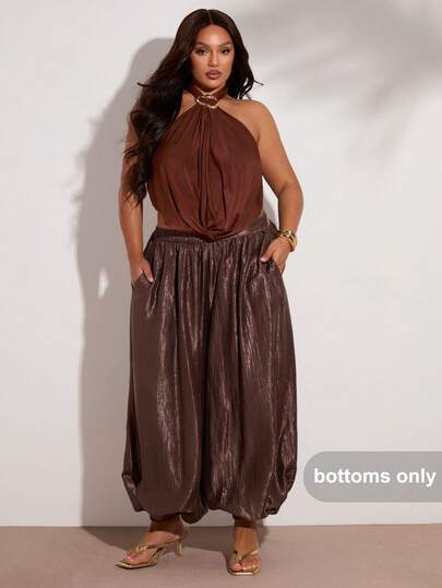 SHEIN BAE Plus Size Women's Solid Color Pocket Casual Versatile Everyday Lantern Pants,Lantern Trousers, Coffee Brown
