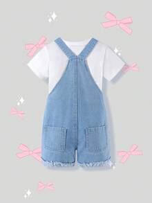 SHEIN Playful Pals 女童藍色雛菊蝴蝶結印花牛仔吊帶短褲兩件組，嬰幼童甜美休閒韓系時髦學院風夏季旅行套裝 - 中等水洗藍 - 查看 2