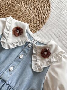 Young Girl' Spring/Summer Denim Dress With Lapel Collar, Casual & Fashionable, Suitable For Daily Outings, Leisure, Camping, Gatherings - Blue - View 5