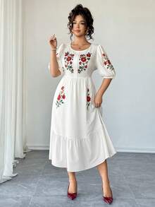 SHEIN Elenzya 大码女式复古法式花卉印花短袖圆领收腰A字连衣裙 - 白色 - 查看 7