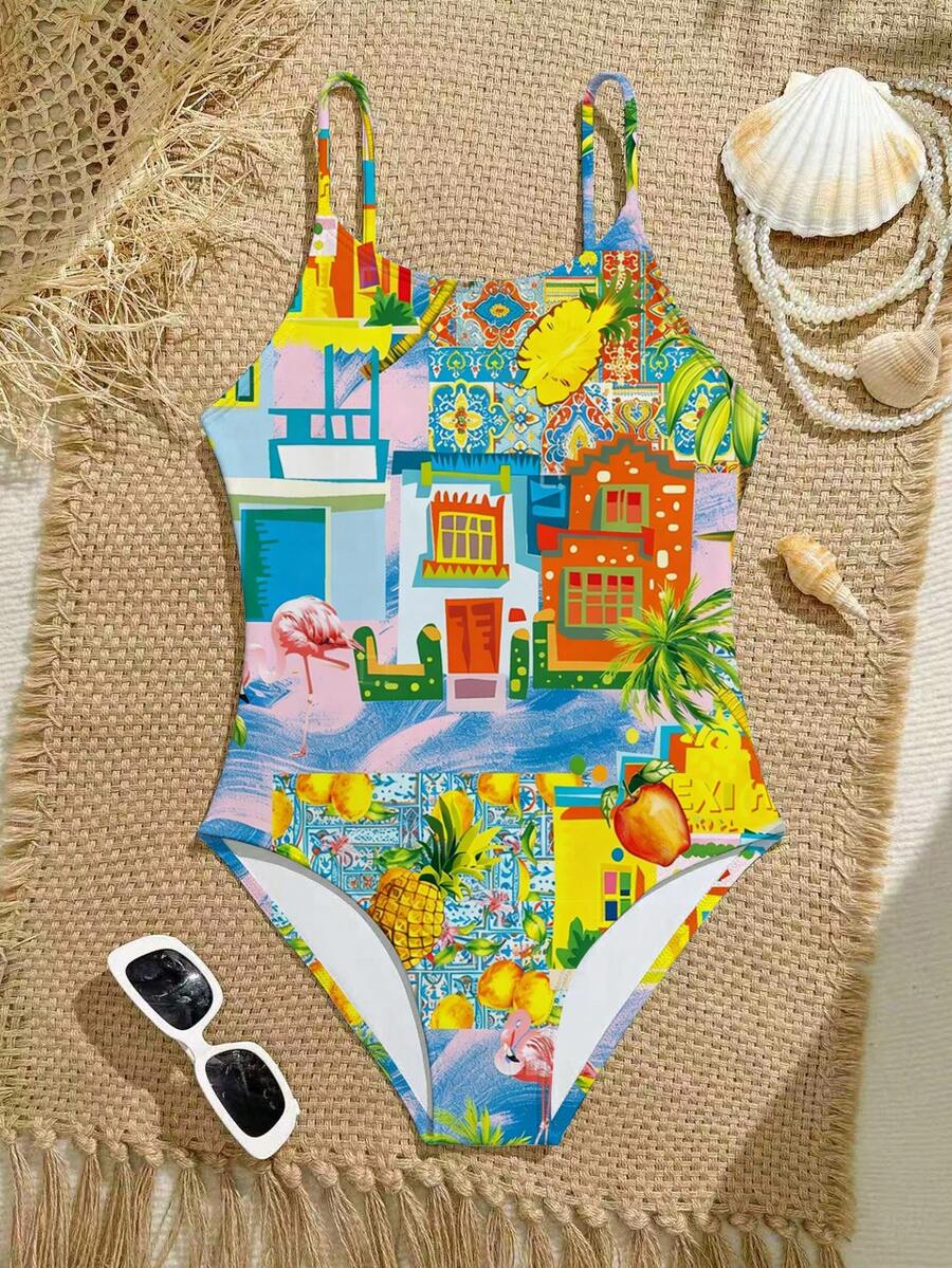 Tween Girls' Tropical Print One-Piece Swimsuit, Elastic Woven Fabric, Tropical Print, Beach Holiday Swimming - White - View 1