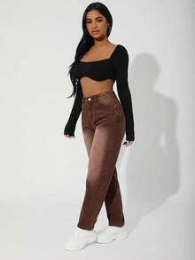 SHEIN PETITE Women's Casual Everyday Pockets Button Denim Jeans - Coffee Brown - View 4