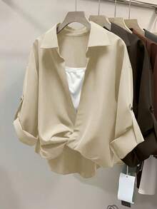 INAWLY Casual Layered Design Shirt, Suitable For Commuting In Autumn - Khaki - View 1