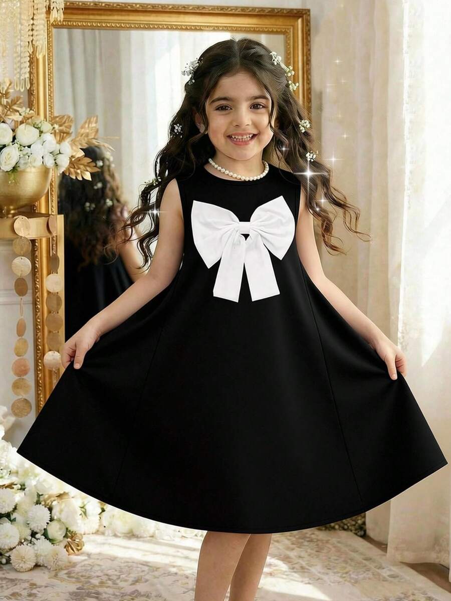 SHEIN Elladie kids 少女无袖优雅休闲蝴蝶结设计中长连衣裙 - 黑色 - 查看 1