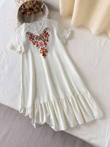 Girls' Casual Vintage Printed Pattern Minimalist V-Neck Ruffle Hem Dress, Loungewear - Apricot - View 4