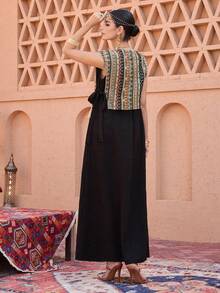 SHEIN Najma Square Neck Jacquard Fringed Sleeveless Flared Hem Arabic Style Dress For Women - Black - View 3