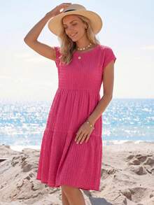 EMERY ROSE Women's Spring/Summer Solid Ruffle Hem Round Neck Short-Sleeve Dress,Bohemia - Hot Pink - View 5