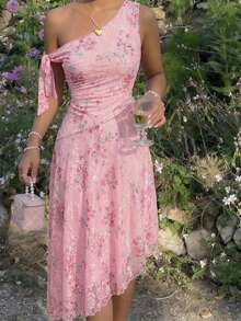 SHEIN MOD 不对称肩部蝴蝶结修身连衣裙，情人节，适合春季，女士情人节服装，嘉年华，鸡尾酒会礼服，婚礼，花园，下午茶，派对，粉色连衣裙，女士茶会服装，女士粉色生日服装，女士粉色早午餐服装 - 粉色 - 查看 7