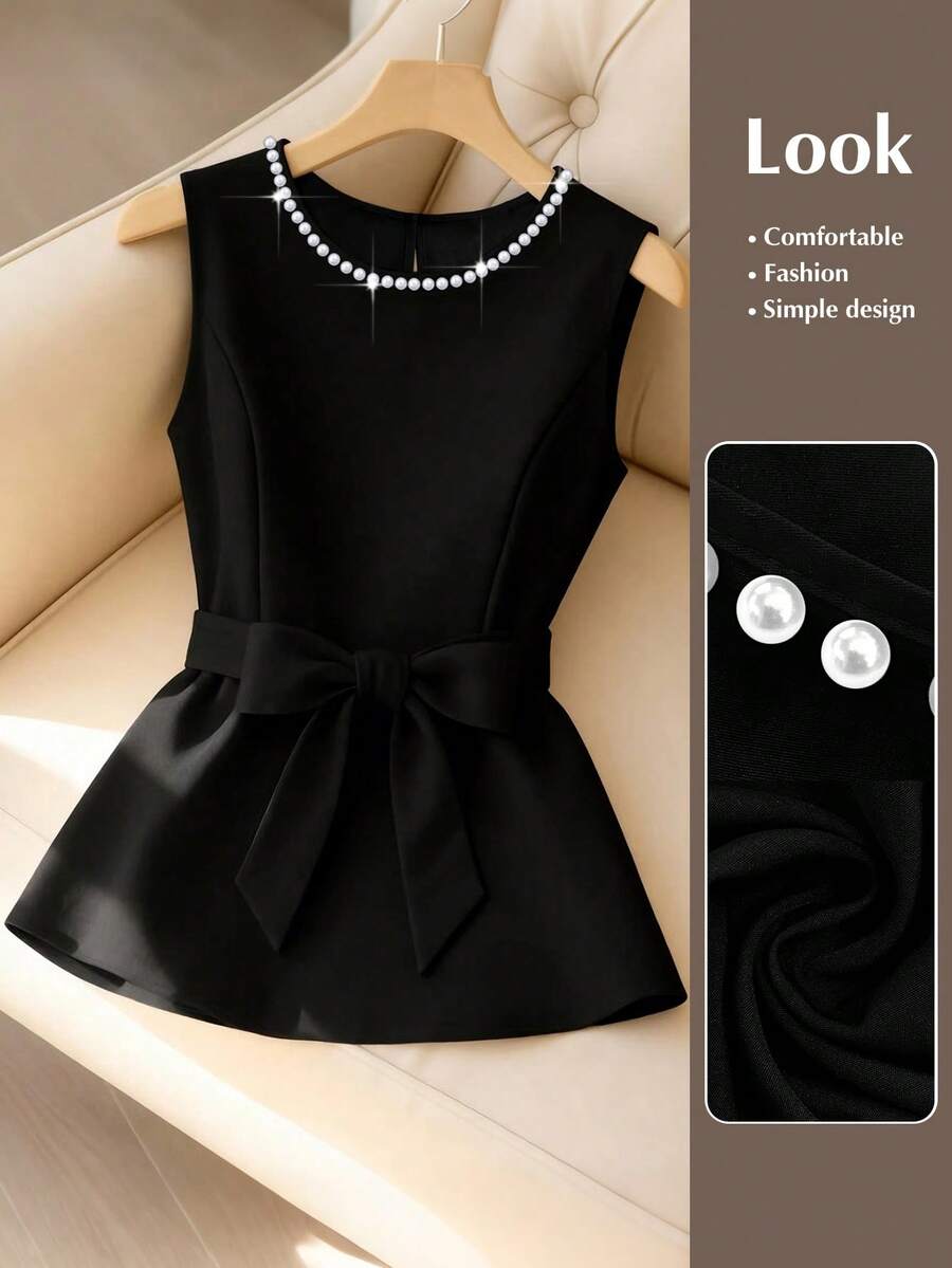 GlowEve CURVE 加大码无袖串珠收腰衬衫，时尚优雅百搭，圆领收腰设计，情人节元素 - 黑色 - 查看 1