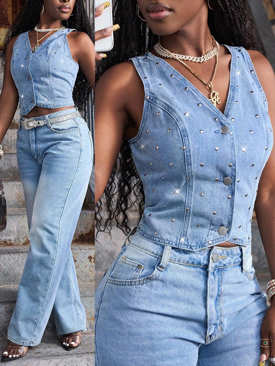 Slaydiva Áo sơ mi denim nữ thời trang mùa xuân/hè, kiểu dáng thường ngày, cài khuy phía trước, có đinh tán. - Màu xanh lam - Xem 1