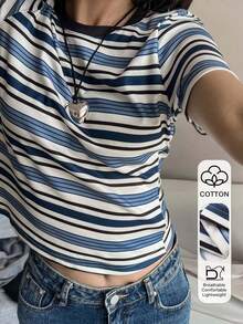 DAZY Women's Casual Cotton Striped Short Sleeve T-Shirt - Blue - View 1