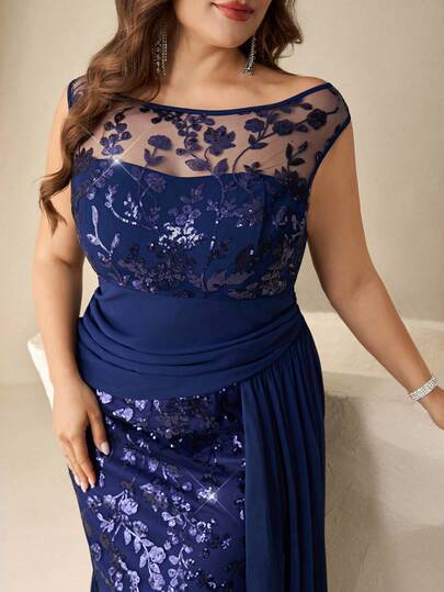 Coutiva Plus Size Women Floral Sequin Contrast Mesh Ruffle Design Elegant Formal Evening Gown