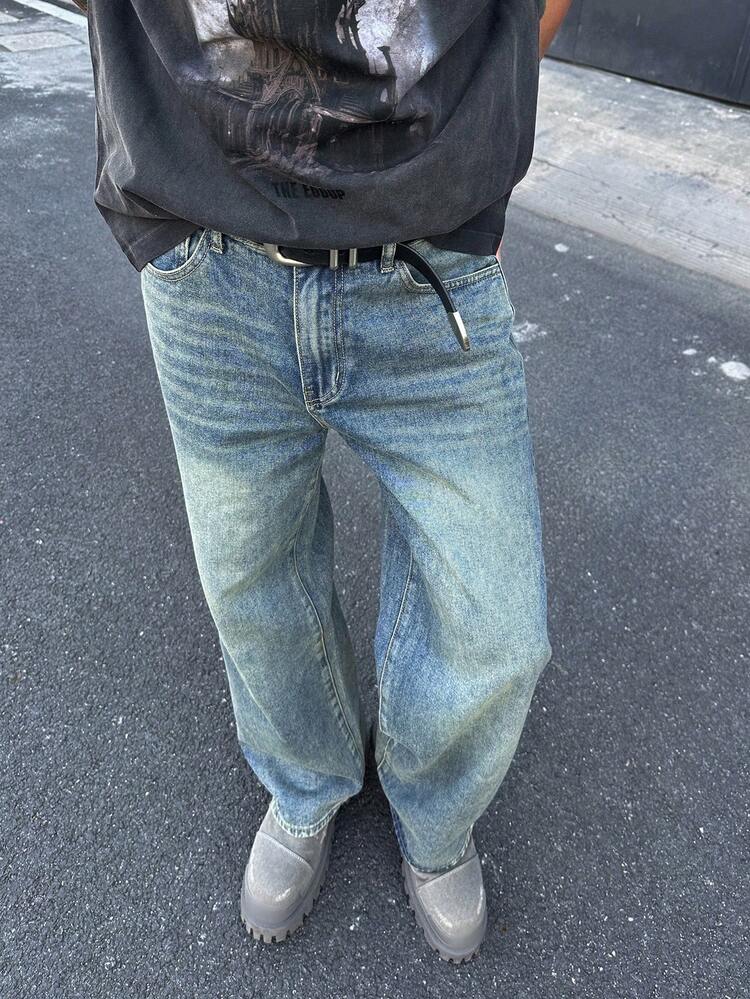 Men's Spring Solid Blue Washed Vintage Wide Leg Jeans