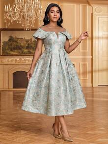 SHEIN Lady 女士花卉提花撞色网纱圆领褶裥设计优雅连衣裙 - 彩色 - 查看 4