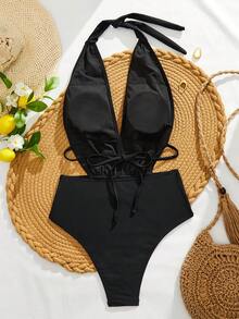 Swim Chiccia Women's Solid Color One-Piece Swimsuit For Beach Vacation, Summer - Black - View 4