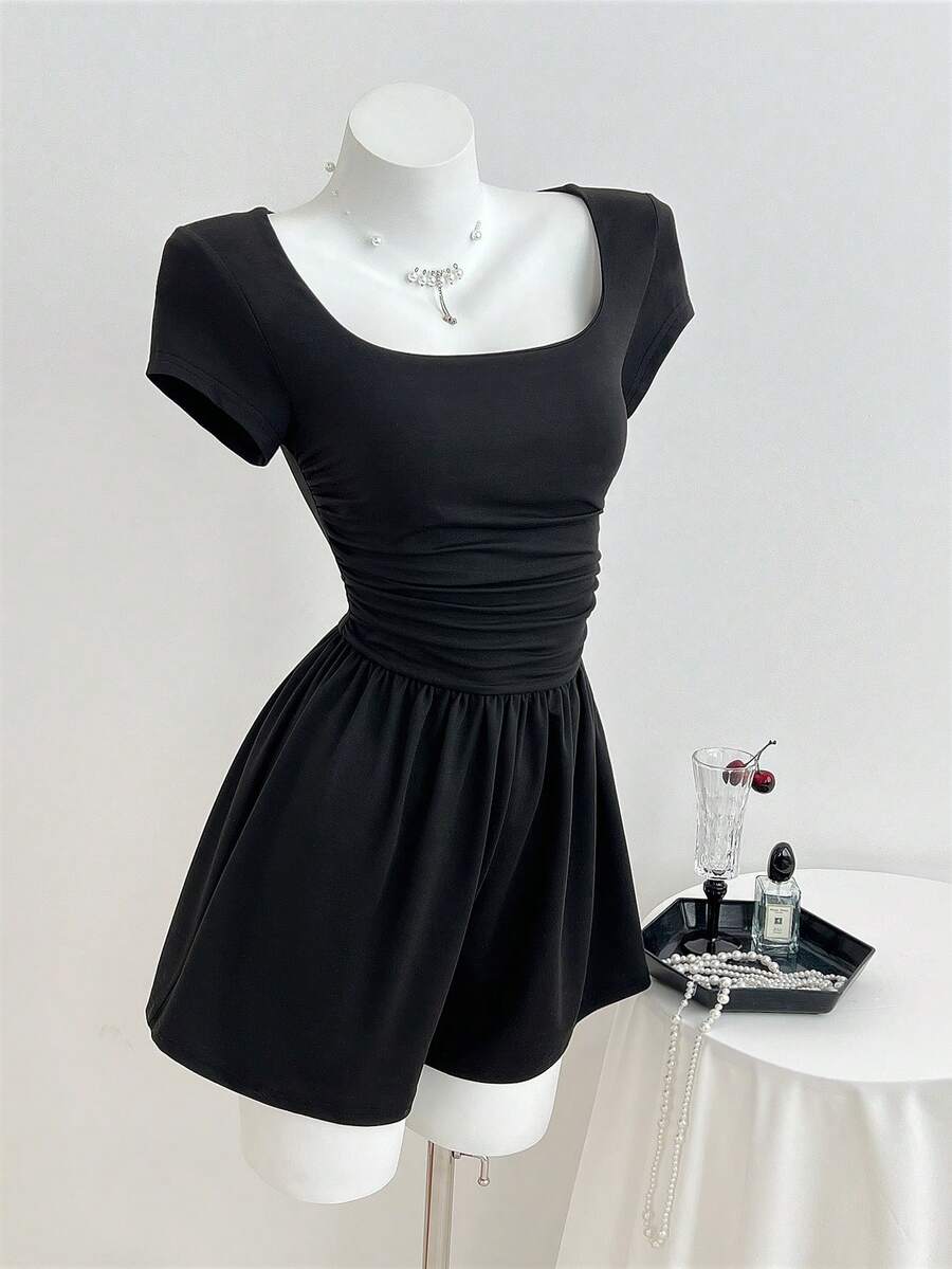 Elamini Women's Square Neck Casual Minimalist Romper, Spring/Summer - Black - View 1