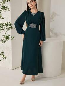 Veilorie Đầm dạ hội sang trọng mới, đính đá lấp lánh, xếp ly eo, kiểu dáng thanh lịch. - Màu xanh lá cây đậm - Xem 9