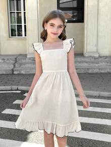 SHEIN 少女荷叶边袖蝴蝶结露背方领纹理连衣裙 - 杏色 - 查看 4