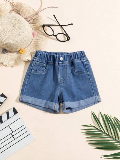 Baby Girls' Casual Comfortable Cute Daily Wear Elastic Waist Loose Straight Leg Cuffed Denim Shorts